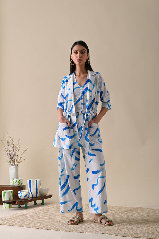 White Printed Co-ord Set at Kamakhyaa by Kanelle. This item is 100% Cotton, Casual Wear, Co-ord Sets, July Sale, Life in Colours, Natural with azo dyes, Office Wear Co-ords, Prints, Relaxed Fit, Vacation, Vacation Co-ords, White, Womenswear