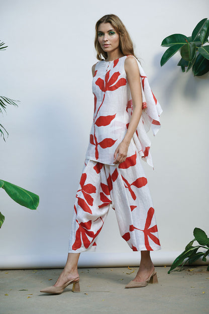 White Printed Co-ord Set at Kamakhyaa by Kanelle. This item is Best Selling, Bold is beautiful, Casual Wear, Co-ord Sets, July Sale, Linen Silk, Natural with azo dyes, Office Wear Co-ords, Prints, Regular Fit, Vacation, Vacation Co-ords, White, Womenswear