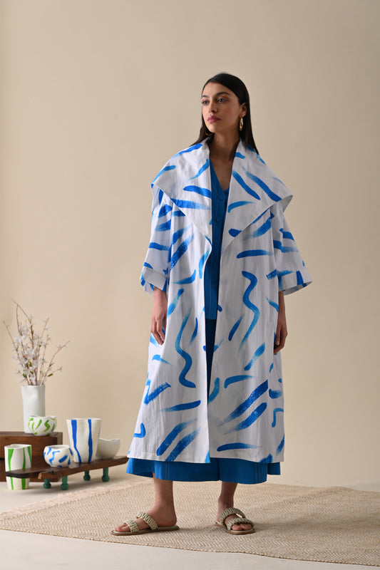 White Printed Coat at Kamakhyaa by Kanelle. This item is Coats, July Sale, Natural with azo dyes, Organic Cotton, Prints, Relaxed Fit, Resort Wear, White, Womenswear