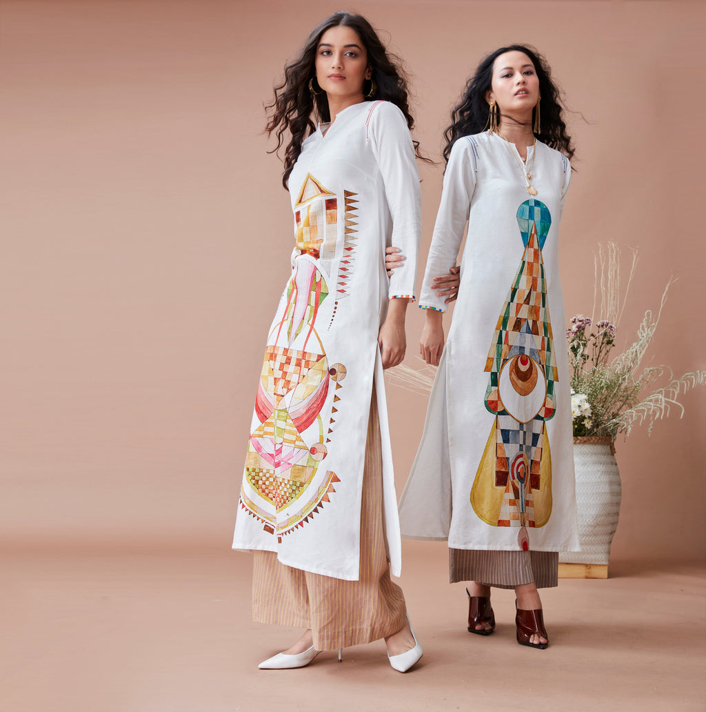 White Printed Cotton Kurta at Kamakhyaa by Dan Ba. This item is Cotton, For Mother, Indian Wear, July Sale, July Sale 2023, Kurtas, Natural, Prints, Relaxed Fit, Resort Wear, White, Womenswear