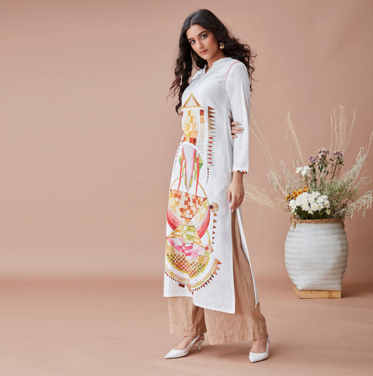 White Printed Cotton Kurta at Kamakhyaa by Dan Ba. This item is Cotton, For Mother, Indian Wear, July Sale, July Sale 2023, Kurtas, Natural, Prints, Relaxed Fit, Resort Wear, White, Womenswear