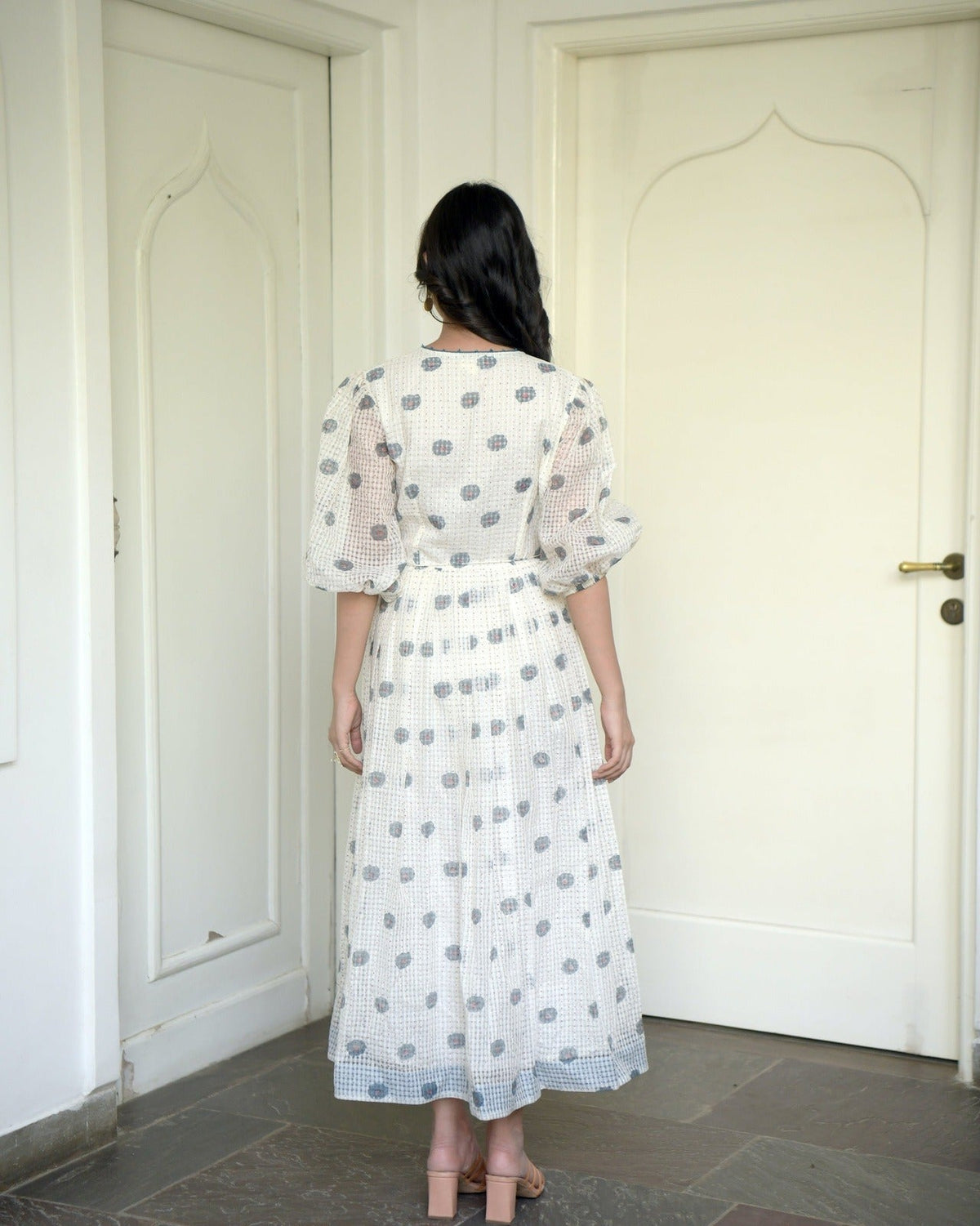 White Printed Cotton Maxi Dress at Kamakhyaa by Taro. This item is Evening Wear, Handwoven cotton, Indo-Western, July Sale, July Sale 2023, Maxi Dresses, Natural, Printed Selfsame, Prints, Regular Fit, Sitara Taro, White, Wildflower Taro, Womenswear, Wrap Dresses