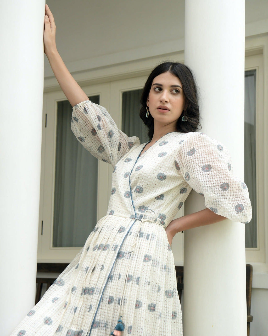 White Printed Cotton Maxi Dress at Kamakhyaa by Taro. This item is Evening Wear, Handwoven cotton, Indo-Western, July Sale, July Sale 2023, Maxi Dresses, Natural, Printed Selfsame, Prints, Regular Fit, Sitara Taro, White, Wildflower Taro, Womenswear, Wrap Dresses