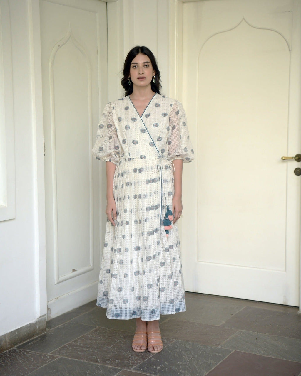 White Printed Cotton Maxi Dress at Kamakhyaa by Taro. This item is Evening Wear, Handwoven cotton, Indo-Western, July Sale, July Sale 2023, Maxi Dresses, Natural, Printed Selfsame, Prints, Regular Fit, Sitara Taro, White, Wildflower Taro, Womenswear, Wrap Dresses