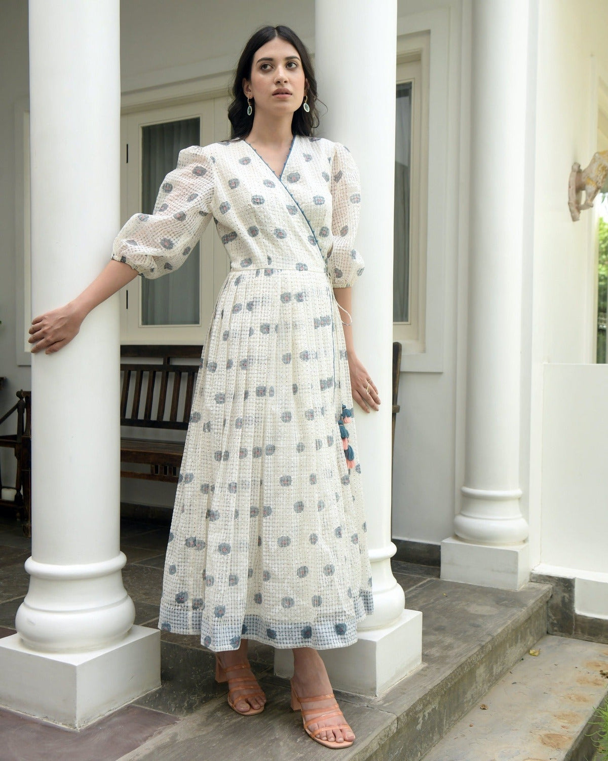 White Printed Cotton Maxi Dress at Kamakhyaa by Taro. This item is Evening Wear, Handwoven cotton, Indo-Western, July Sale, July Sale 2023, Maxi Dresses, Natural, Printed Selfsame, Prints, Regular Fit, Sitara Taro, White, Wildflower Taro, Womenswear, Wrap Dresses