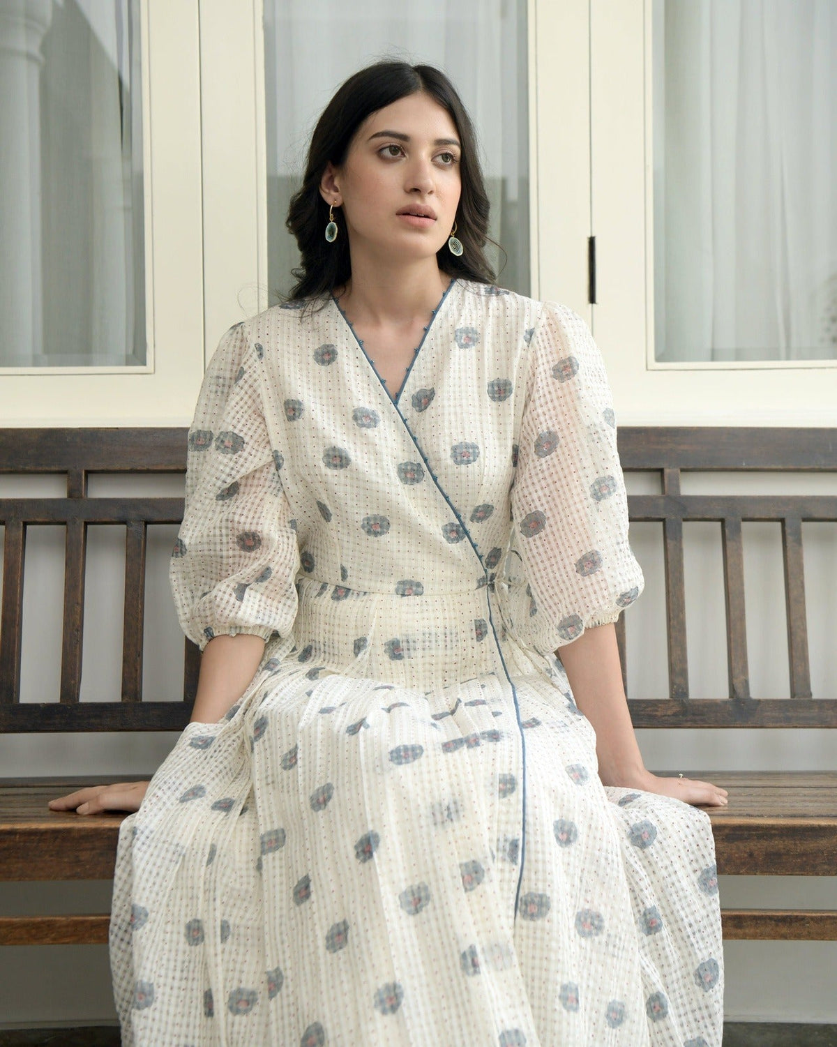 White Printed Cotton Maxi Dress at Kamakhyaa by Taro. This item is Evening Wear, Handwoven cotton, Indo-Western, July Sale, July Sale 2023, Maxi Dresses, Natural, Printed Selfsame, Prints, Regular Fit, Sitara Taro, White, Wildflower Taro, Womenswear, Wrap Dresses
