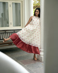 White Printed Cotton Maxi Dress at Kamakhyaa by Taro. This item is Evening Wear, Handwoven cotton, Indo-Western, July Sale, July Sale 2023, Maxi Dresses, Natural, Prints, Regular Fit, Sleeveless Dresses, White, Wildflower Taro, Womenswear