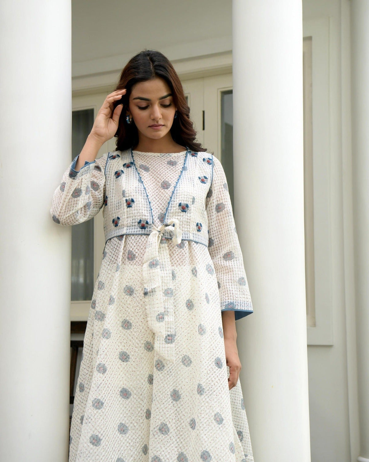 White Printed Cotton Midi Dress With Jacket at Kamakhyaa by Taro. This item is Co-ord Sets, Dress Sets, Evening Wear, Gulzar Taro, Handwoven cotton, Indo-Western, Jackets, July Sale, July Sale 2023, Natural, Prints, Regular Fit, White, Womenswear