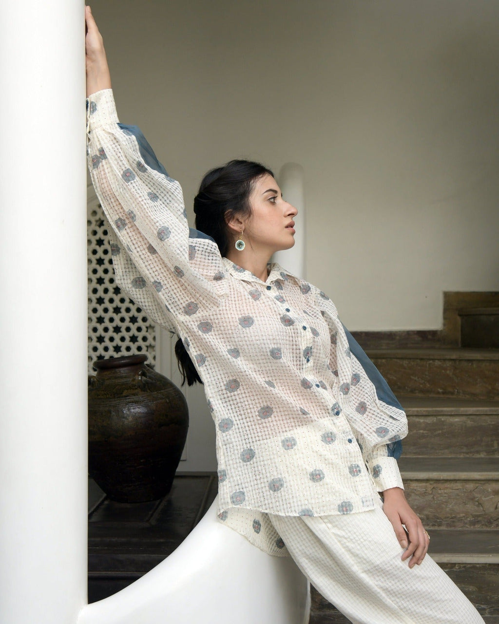 White Printed Cotton Shirt at Kamakhyaa by Taro. This item is Evening Wear, Handwoven cotton, Indo-Western, July Sale, July Sale 2023, Natural, Prints, Regular Fit, Shirts, White, Wildflower Taro, Womenswear