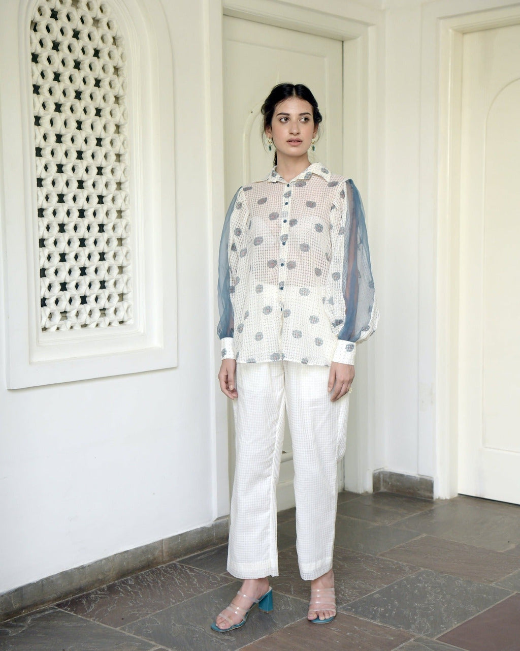 White Printed Cotton Shirt at Kamakhyaa by Taro. This item is Evening Wear, Handwoven cotton, Indo-Western, July Sale, July Sale 2023, Natural, Prints, Regular Fit, Shirts, White, Wildflower Taro, Womenswear