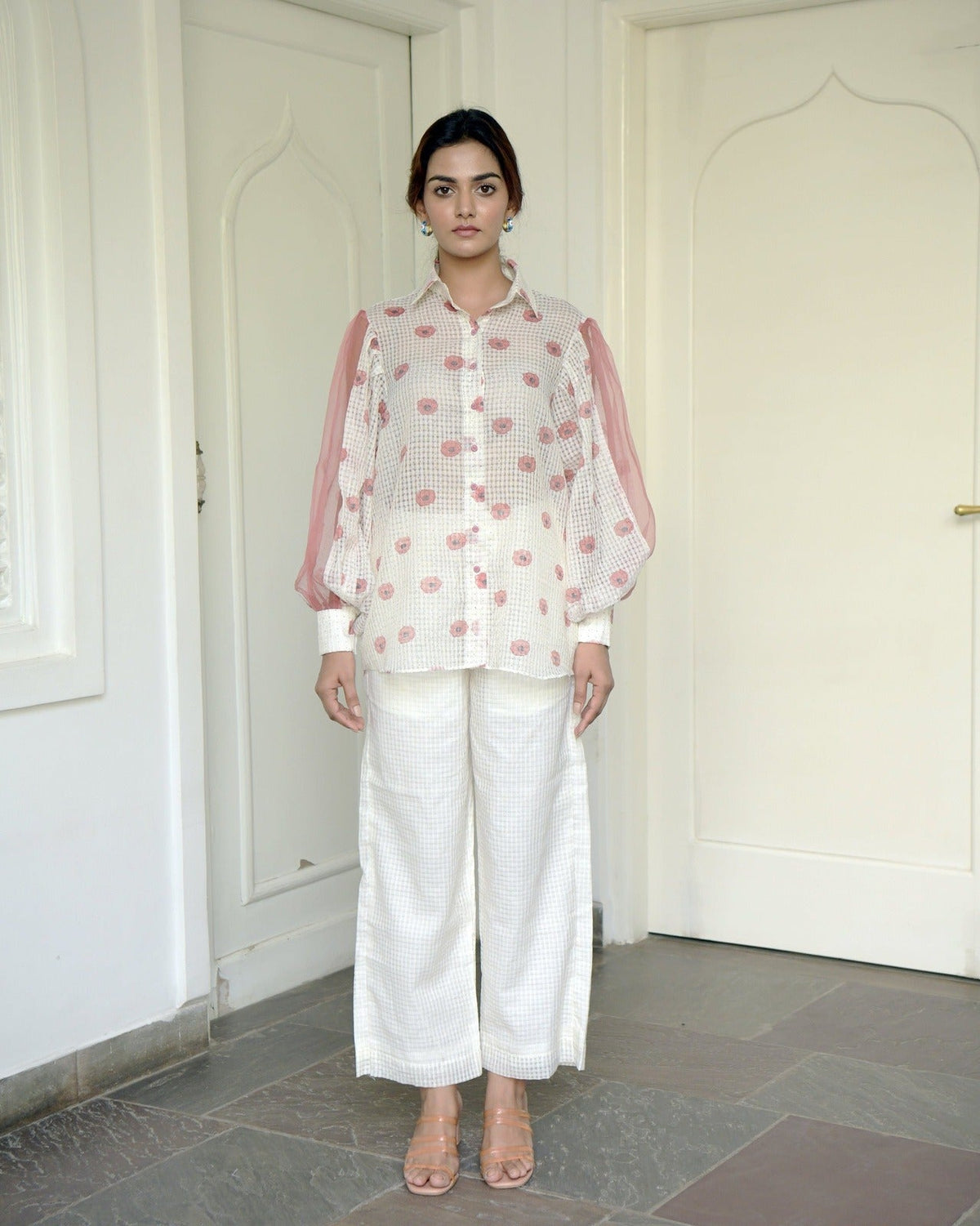 White Printed Cotton Shirt at Kamakhyaa by Taro. This item is Evening Wear, Handwoven cotton, July Sale, July Sale 2023, Natural, Prints, Regular Fit, Shirts, White, Wildflower Taro, Womenswear