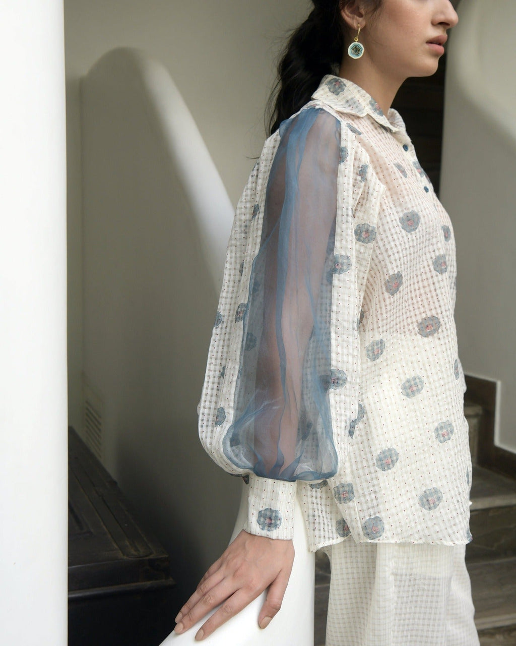 White Printed Cotton Shirt at Kamakhyaa by Taro. This item is Evening Wear, Handwoven cotton, Indo-Western, July Sale, July Sale 2023, Natural, Prints, Regular Fit, Shirts, White, Wildflower Taro, Womenswear