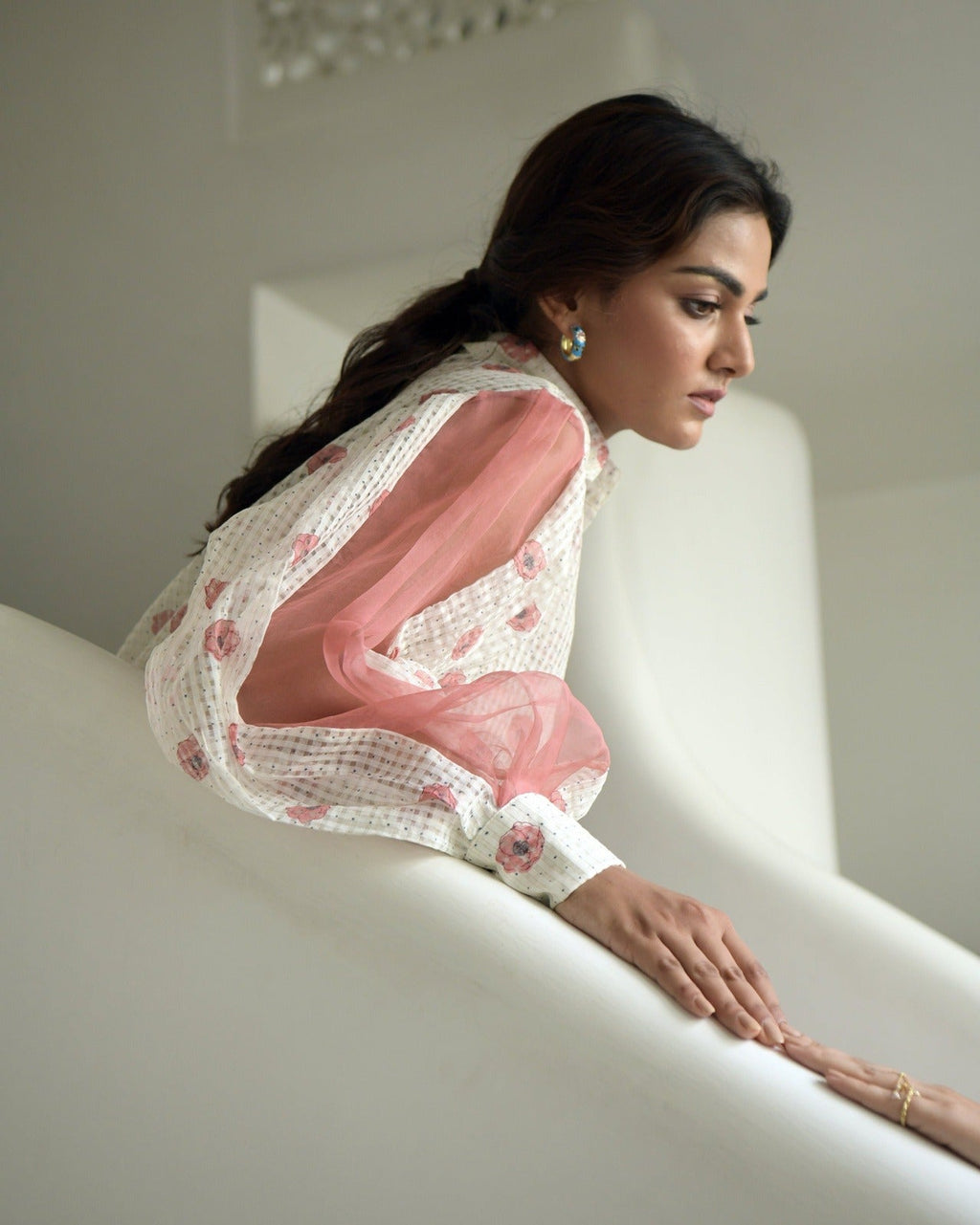White Printed Cotton Shirt at Kamakhyaa by Taro. This item is Evening Wear, Handwoven cotton, July Sale, July Sale 2023, Natural, Prints, Regular Fit, Shirts, White, Wildflower Taro, Womenswear