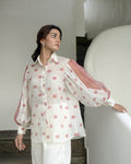 White Printed Cotton Shirt at Kamakhyaa by Taro. This item is Evening Wear, Handwoven cotton, July Sale, July Sale 2023, Natural, Prints, Regular Fit, Shirts, White, Wildflower Taro, Womenswear