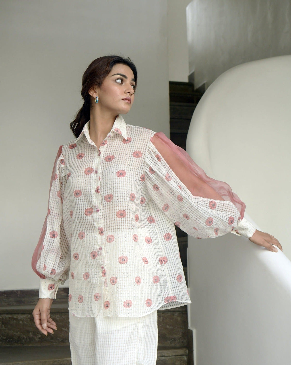 White Printed Cotton Shirt at Kamakhyaa by Taro. This item is Evening Wear, Handwoven cotton, July Sale, July Sale 2023, Natural, Prints, Regular Fit, Shirts, White, Wildflower Taro, Womenswear