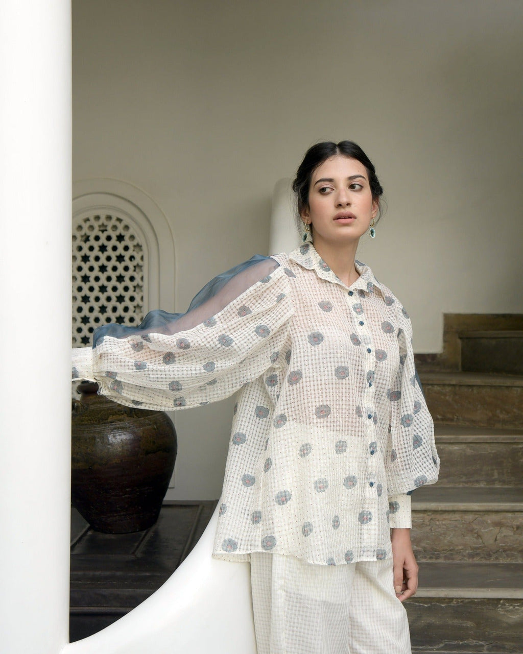 White Printed Cotton Shirt at Kamakhyaa by Taro. This item is Evening Wear, Handwoven cotton, Indo-Western, July Sale, July Sale 2023, Natural, Prints, Regular Fit, Shirts, White, Wildflower Taro, Womenswear