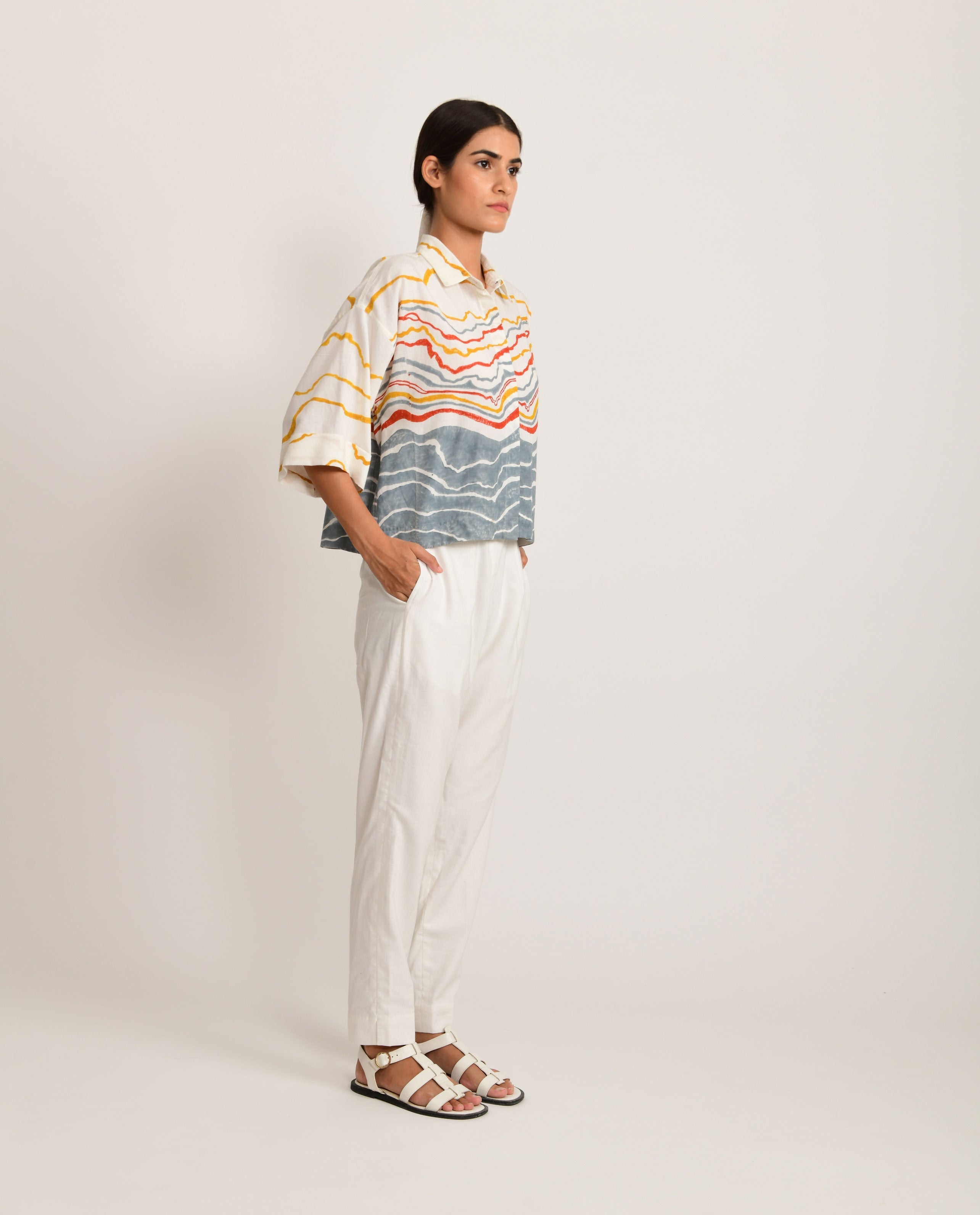 White Printed Crop Top at Kamakhyaa by Rias Jaipur. This item is Azo Free Dye, Bamboo, Block Prints, Casual Wear, Cotton, Crop Tops, Parat, Regular Fit, Shirts, White, Womenswear