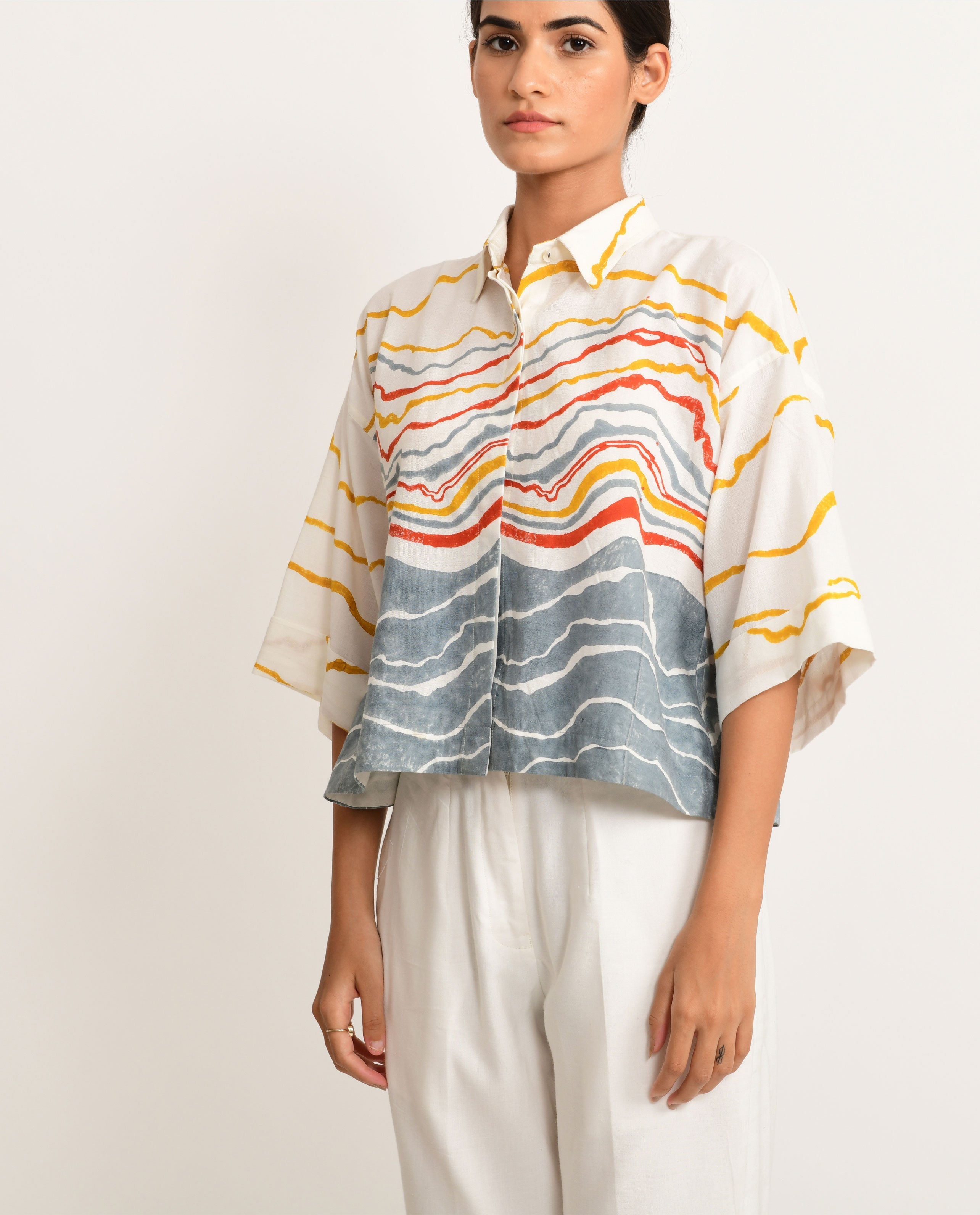 White Printed Crop Top at Kamakhyaa by Rias Jaipur. This item is Azo Free Dye, Bamboo, Block Prints, Casual Wear, Cotton, Crop Tops, Parat, Regular Fit, Shirts, White, Womenswear