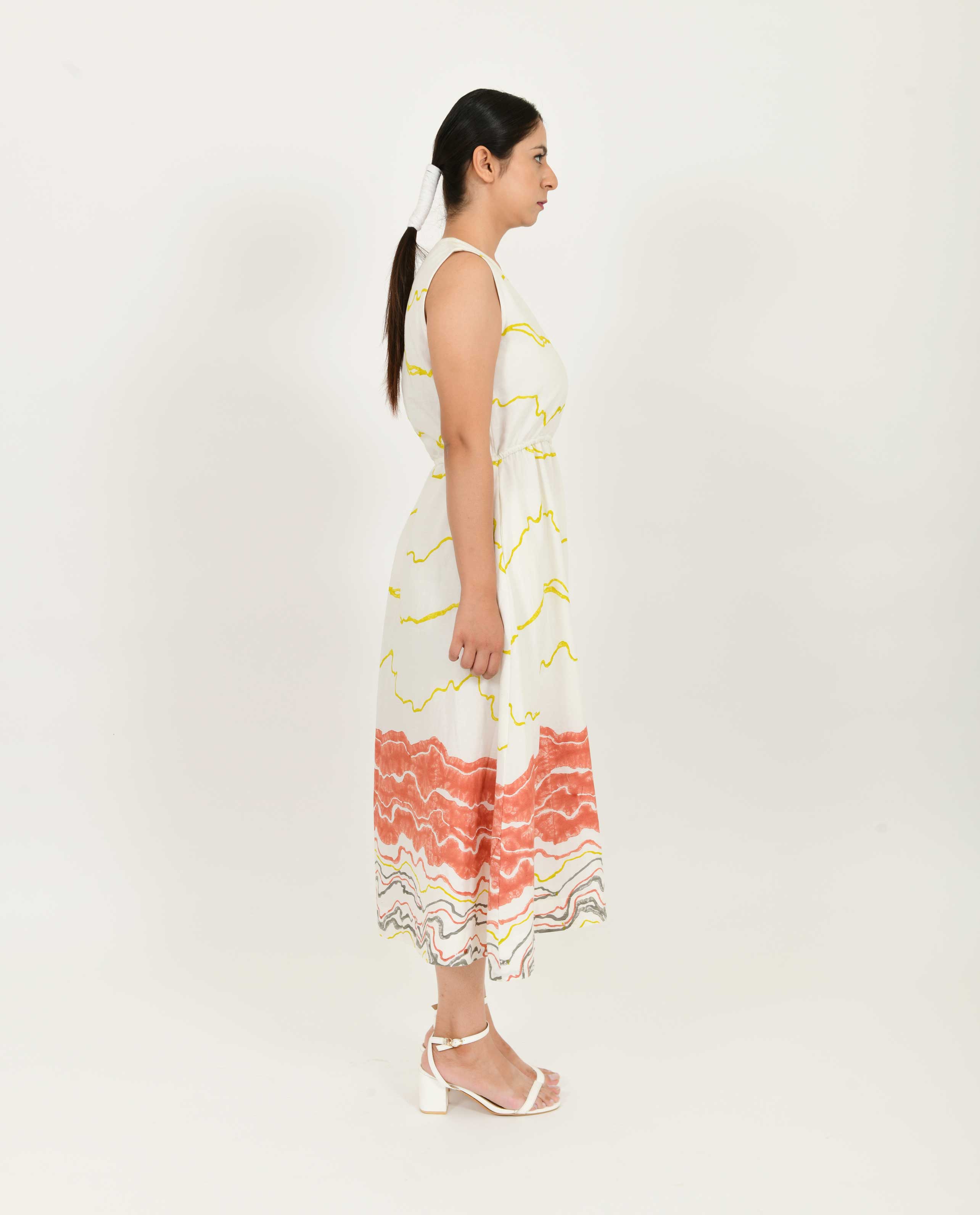 White Printed Front Buttoned Dress at Kamakhyaa by Rias Jaipur. This item is Azo Free Dye, Bamboo, Block Prints, Casual Wear, Cotton, Midi Dresses, Parat, Regular Fit, Shirt Dresses, Sleeveless Dresses, White, Womenswear