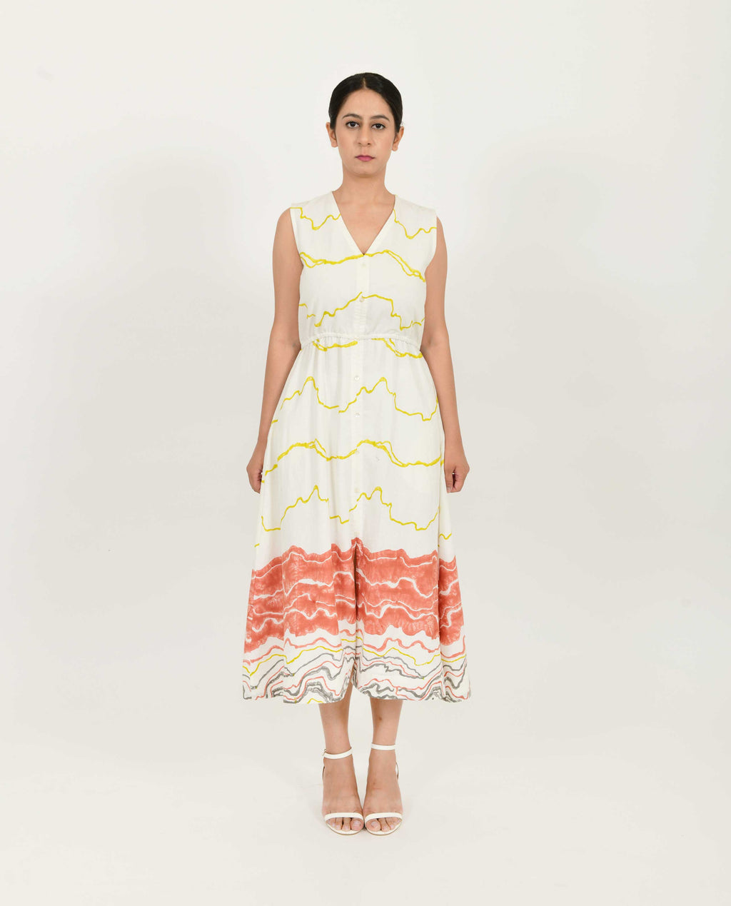 White Printed Front Buttoned Dress at Kamakhyaa by Rias Jaipur. This item is Azo Free Dye, Bamboo, Block Prints, Casual Wear, Cotton, Midi Dresses, Parat, Regular Fit, Shirt Dresses, Sleeveless Dresses, White, Womenswear