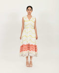 White Printed Front Buttoned Dress at Kamakhyaa by Rias Jaipur. This item is Azo Free Dye, Bamboo, Block Prints, Casual Wear, Cotton, Midi Dresses, Parat, Regular Fit, Shirt Dresses, Sleeveless Dresses, White, Womenswear
