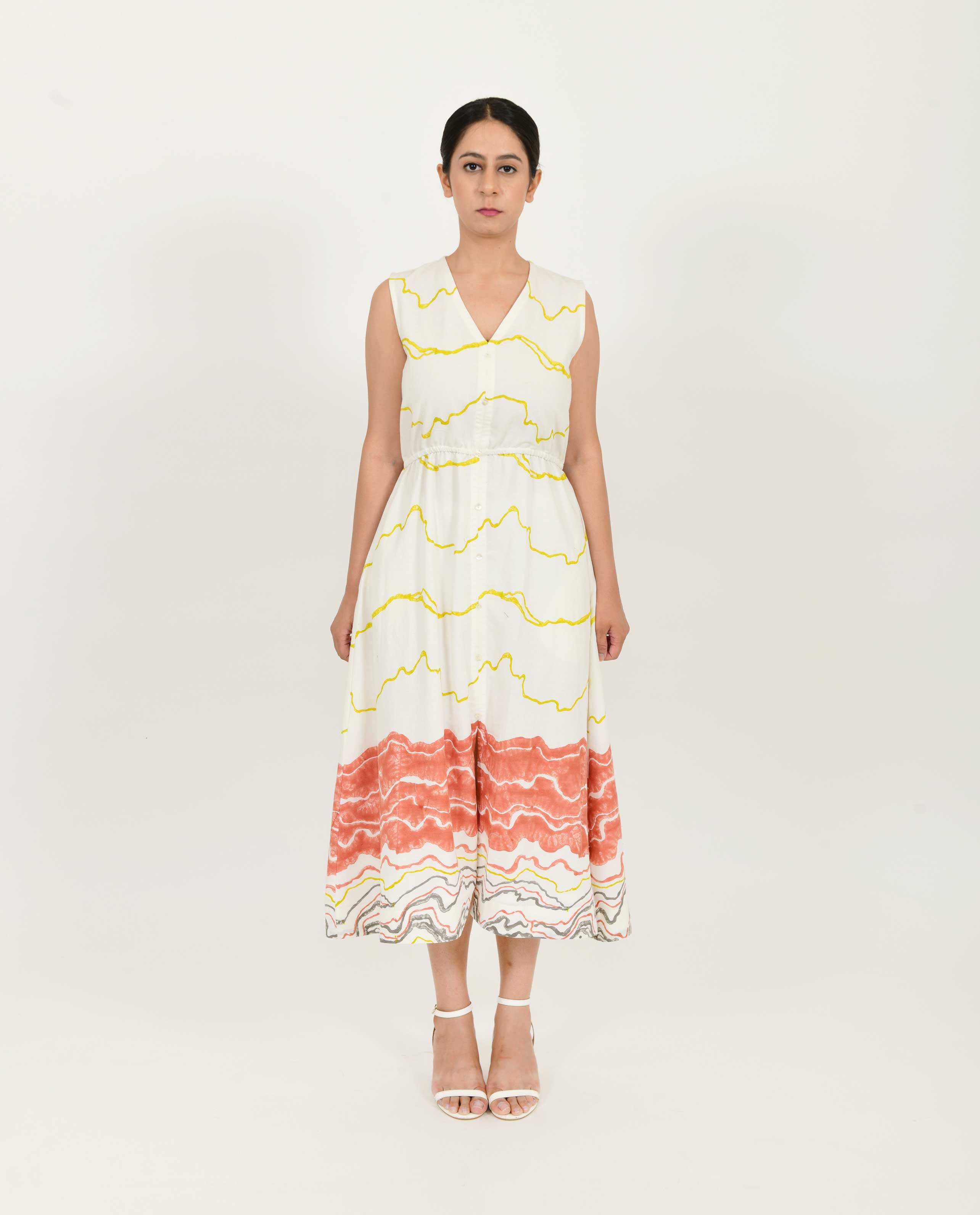 White Printed Front Buttoned Dress at Kamakhyaa by Rias Jaipur. This item is Azo Free Dye, Bamboo, Block Prints, Casual Wear, Cotton, Midi Dresses, Parat, Regular Fit, Shirt Dresses, Sleeveless Dresses, White, Womenswear