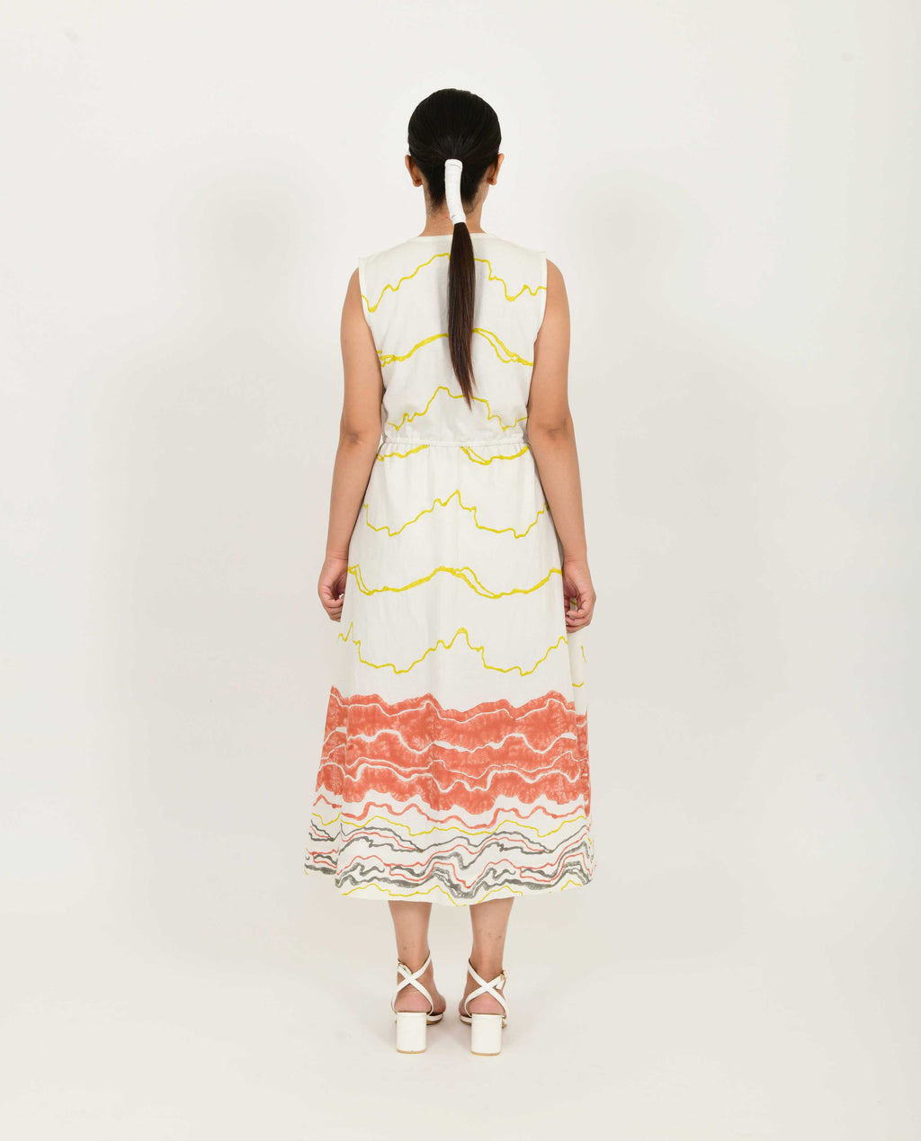 White Printed Front Buttoned Dress at Kamakhyaa by Rias Jaipur. This item is Azo Free Dye, Bamboo, Block Prints, Casual Wear, Cotton, Midi Dresses, Parat, Regular Fit, Shirt Dresses, Sleeveless Dresses, White, Womenswear