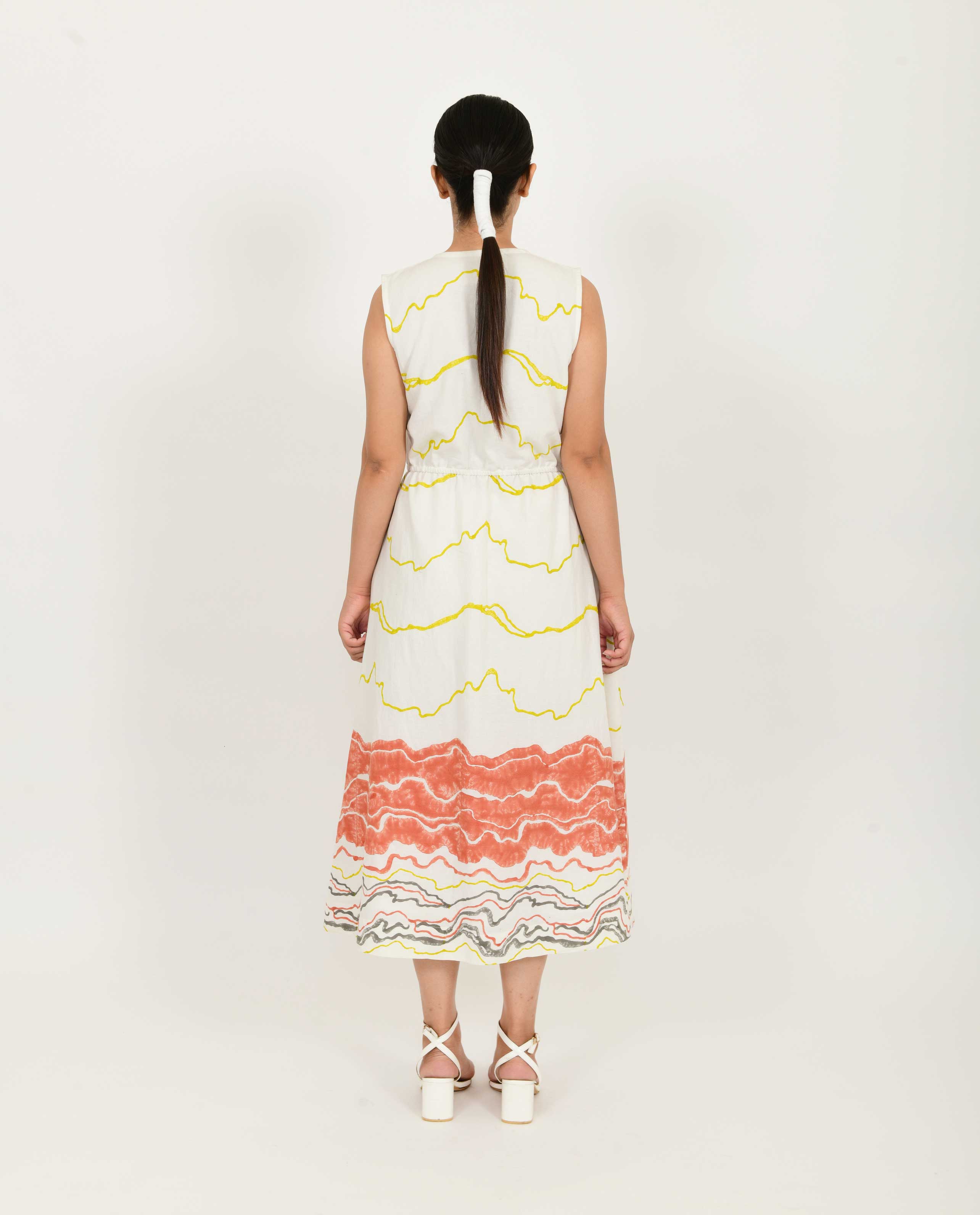 White Printed Front Buttoned Dress at Kamakhyaa by Rias Jaipur. This item is Azo Free Dye, Bamboo, Block Prints, Casual Wear, Cotton, Midi Dresses, Parat, Regular Fit, Shirt Dresses, Sleeveless Dresses, White, Womenswear