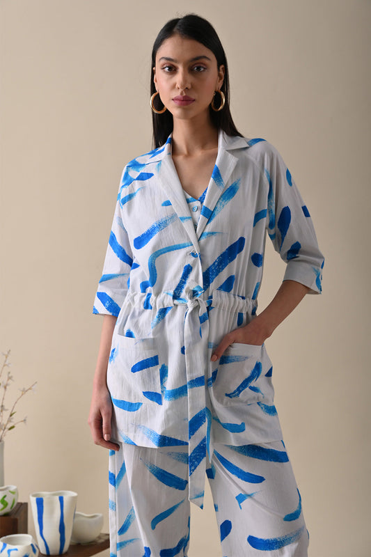 White Printed Jacket at Kamakhyaa by Kanelle. This item is 100% Cotton, Blazers, Casual Wear, July Sale, Life in Colours, Natural with azo dyes, Prints, Relaxed Fit, White, Womenswear