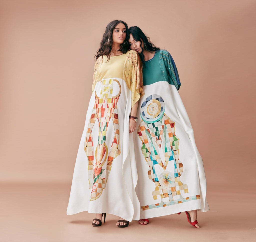 White Printed Kaftan at Kamakhyaa by Dan Ba. This item is Cotton, July Sale, July Sale 2023, Kaftans, Maxi Dresses, Natural, Prints, Relaxed Fit, Resort Wear, White, Womenswear, Yellow