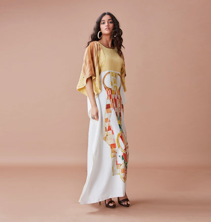 White Printed Kaftan at Kamakhyaa by Dan Ba. This item is Cotton, July Sale, July Sale 2023, Kaftans, Maxi Dresses, Natural, Prints, Relaxed Fit, Resort Wear, White, Womenswear, Yellow
