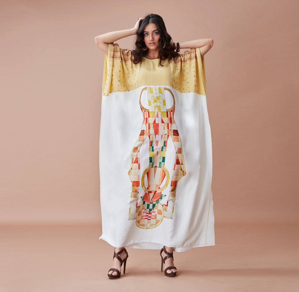 White Printed Kaftan at Kamakhyaa by Dan Ba. This item is Cotton, July Sale, July Sale 2023, Kaftans, Maxi Dresses, Natural, Prints, Relaxed Fit, Resort Wear, White, Womenswear, Yellow
