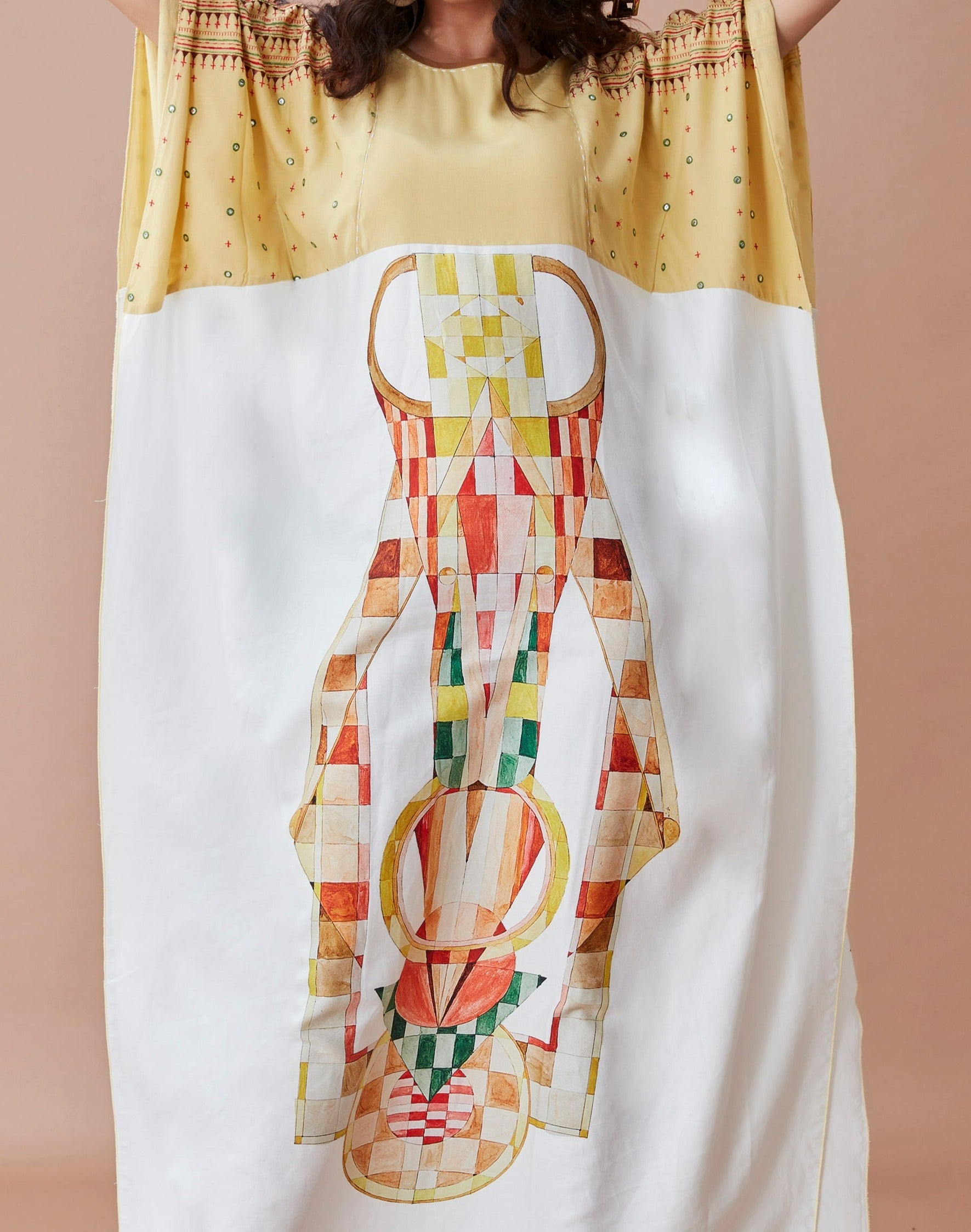White Printed Kaftan at Kamakhyaa by Dan Ba. This item is Cotton, July Sale, July Sale 2023, Kaftans, Maxi Dresses, Natural, Prints, Relaxed Fit, Resort Wear, White, Womenswear, Yellow