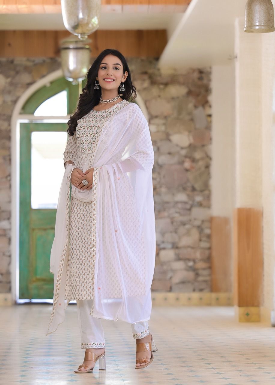 White Printed Kurta Set With Dupatta at Kamakhyaa by Kamakhyaa. This item is Cotton, Ethnic Wear, Kurta Pant Sets, Kurta Set with Dupattas, Natural, Prints, Regular Fit, White, Womenswear
