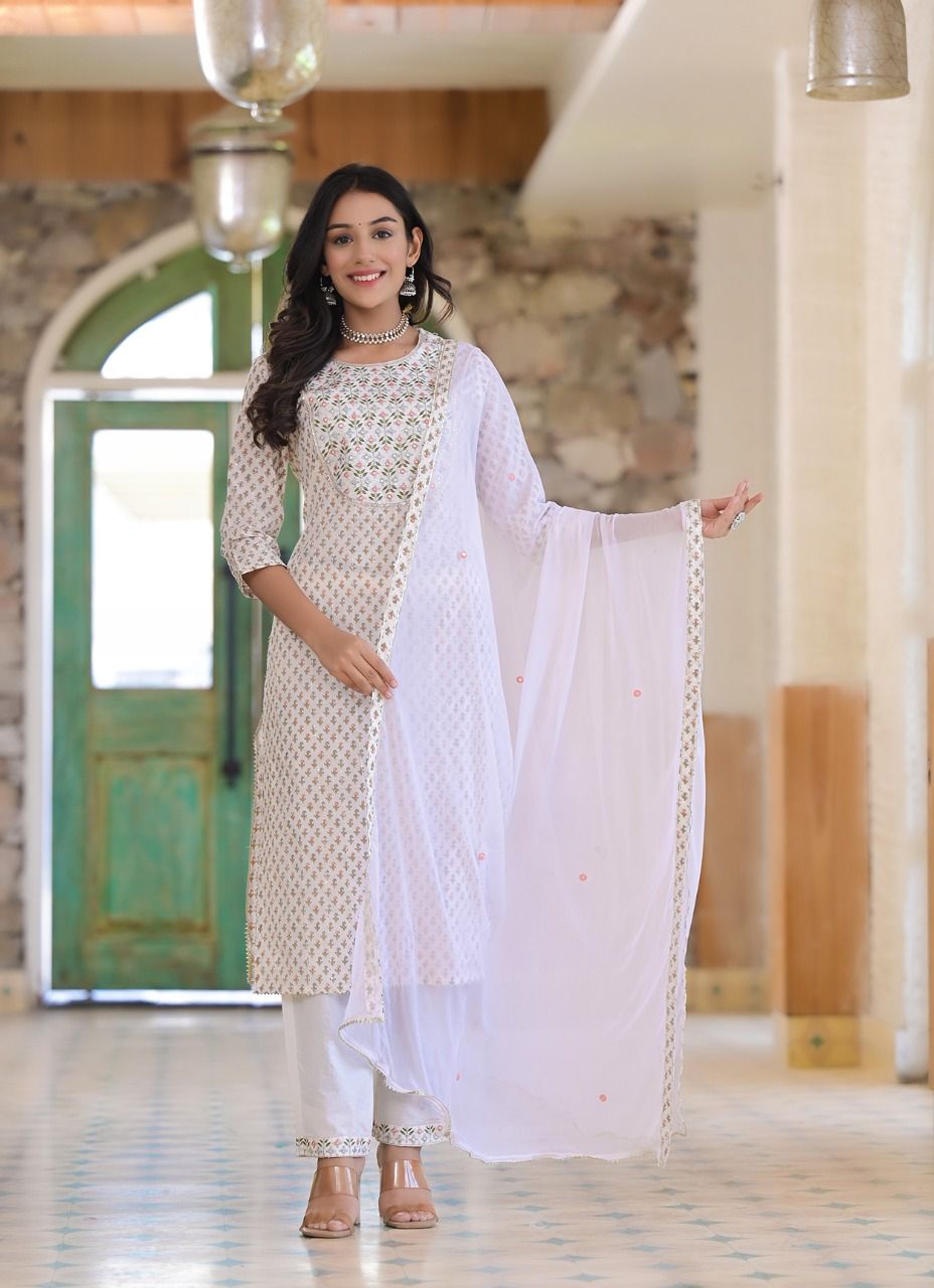 White Printed Kurta Set With Dupatta at Kamakhyaa by Kamakhyaa. This item is Cotton, Ethnic Wear, Kurta Pant Sets, Kurta Set with Dupattas, Natural, Prints, Regular Fit, White, Womenswear