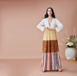 White Printed Maxi Dress at Kamakhyaa by Dan Ba. This item is Brown, Cotton, Fall, July Sale, July Sale 2023, Maxi Dresses, Natural, Prints, Relaxed Fit, Resort Wear, Tiered Dresses, White, Womenswear