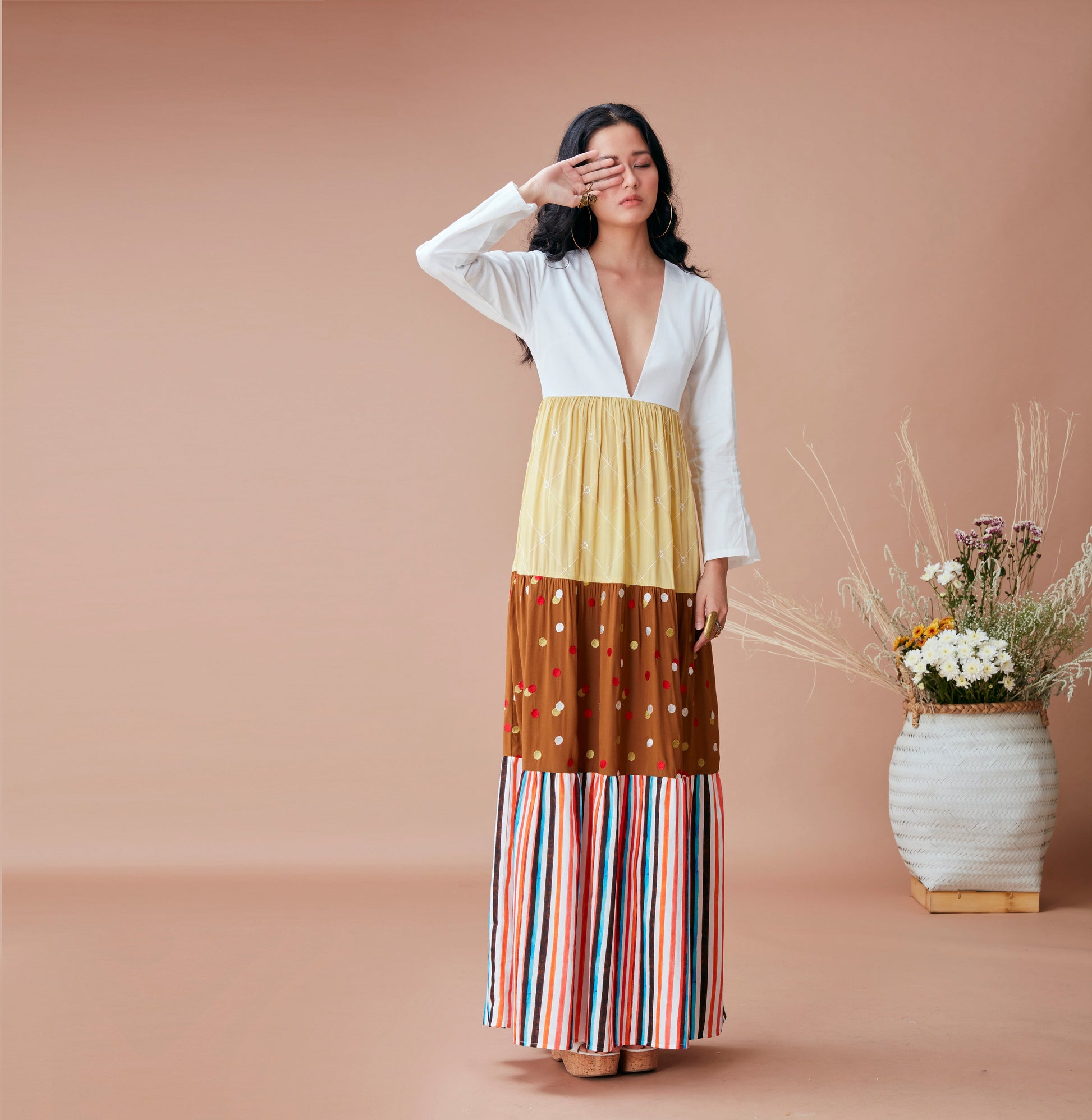 White Printed Maxi Dress at Kamakhyaa by Dan Ba. This item is Brown, Cotton, Fall, July Sale, July Sale 2023, Maxi Dresses, Natural, Prints, Relaxed Fit, Resort Wear, Tiered Dresses, White, Womenswear