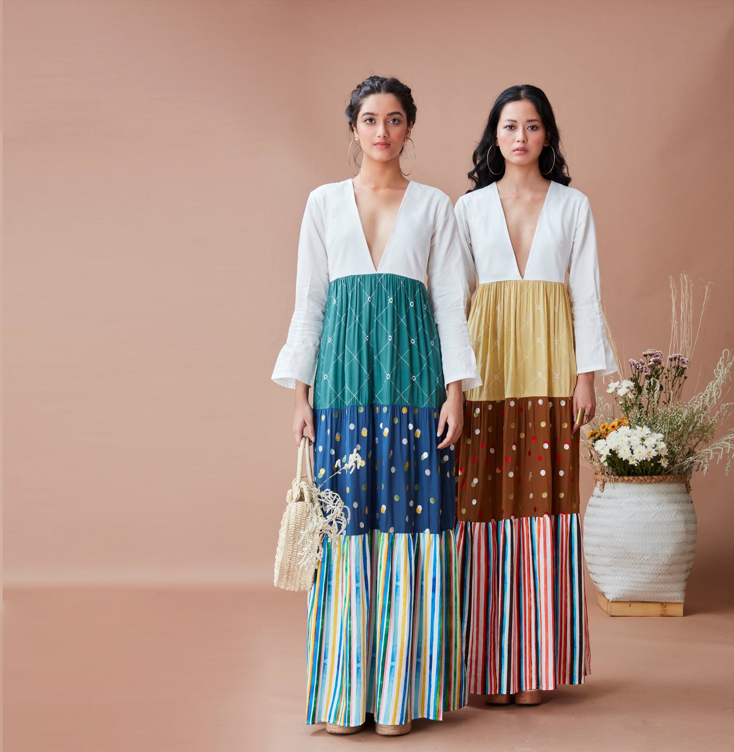 White Printed Maxi Dress at Kamakhyaa by Dan Ba. This item is Brown, Cotton, Fall, July Sale, July Sale 2023, Maxi Dresses, Natural, Prints, Relaxed Fit, Resort Wear, Tiered Dresses, White, Womenswear