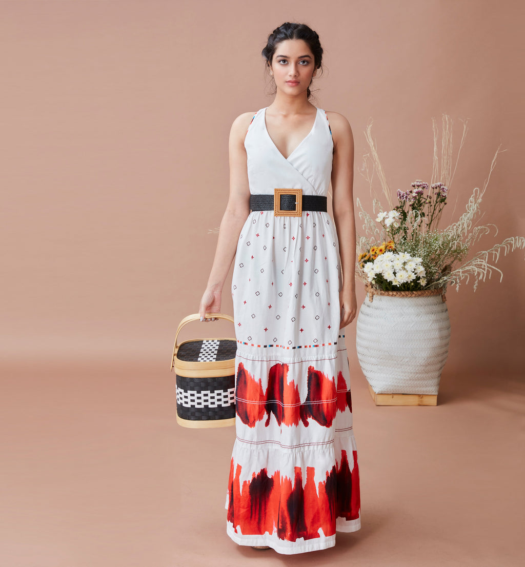 White Printed Maxi Dress at Kamakhyaa by Dan Ba. This item is Cotton, July Sale, July Sale 2023, Maxi Dresses, Natural, Prints, Relaxed Fit, Resort Wear, Sleeveless Dresses, Strap Dresses, White, Womenswear