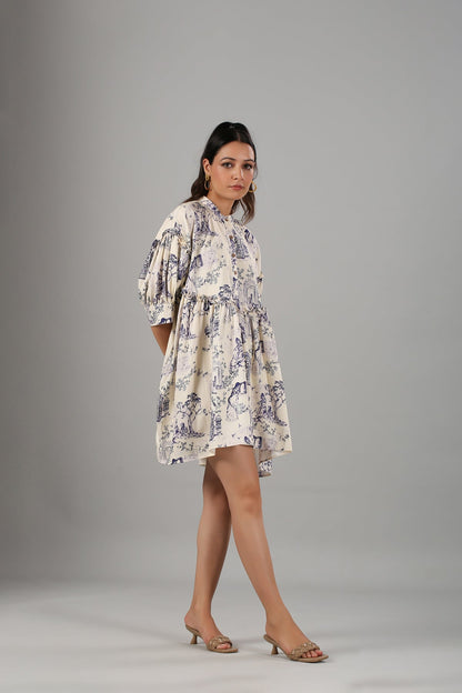 White Printed Mini Dress at Kamakhyaa by MOH-The Eternal Dhaga. This item is Casual Wear, Cotton, Mini Dresses, Moh-The eternal Dhaga, Natural, Prints, Relaxed Fit, Shirt Dresses, White, Womenswear