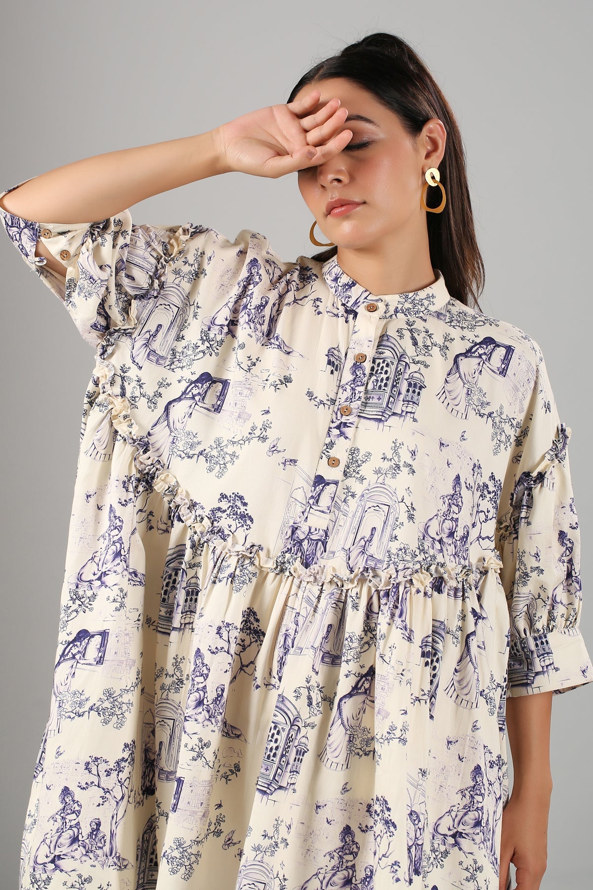 White Printed Mini Dress at Kamakhyaa by MOH-The Eternal Dhaga. This item is Casual Wear, Cotton, Mini Dresses, Moh-The eternal Dhaga, Natural, Prints, Relaxed Fit, Shirt Dresses, White, Womenswear