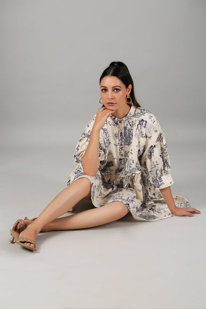 White Printed Mini Dress at Kamakhyaa by MOH-The Eternal Dhaga. This item is Casual Wear, Cotton, Mini Dresses, Moh-The eternal Dhaga, Natural, Prints, Relaxed Fit, Shirt Dresses, White, Womenswear