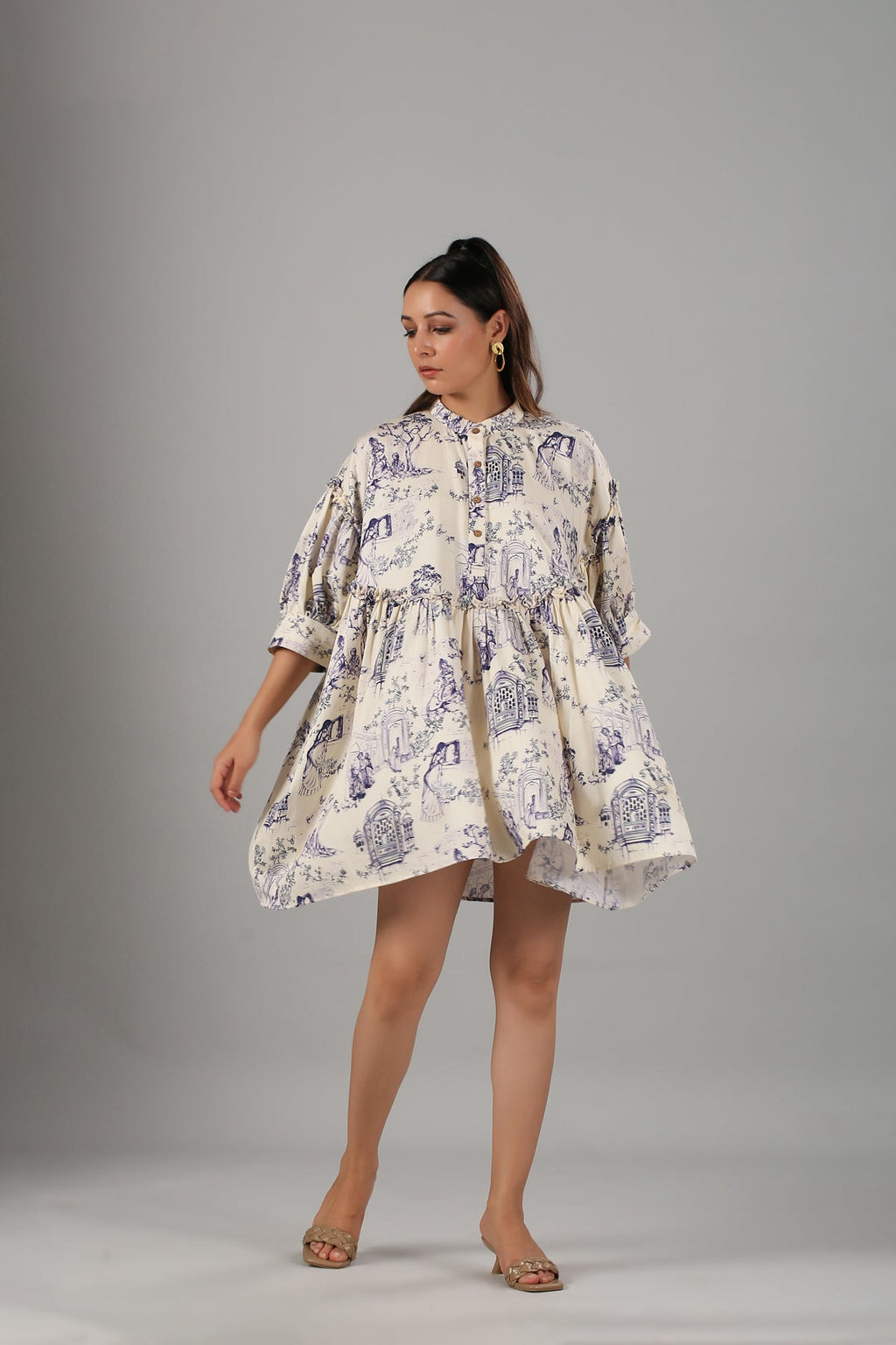 White Printed Mini Dress at Kamakhyaa by MOH-The Eternal Dhaga. This item is Casual Wear, Cotton, Mini Dresses, Moh-The eternal Dhaga, Natural, Prints, Relaxed Fit, Shirt Dresses, White, Womenswear