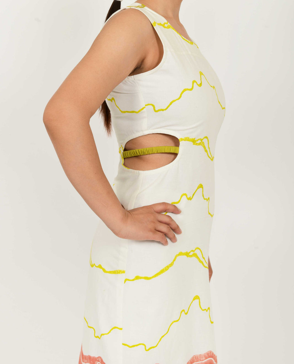 White Printed Side Cut Dress at Kamakhyaa by Rias Jaipur. This item is Azo Free Dye, Bamboo, Block Prints, Casual Wear, Cotton, Midi Dresses, Parat, Regular Fit, Sleeveless Dresses, White, Womenswear