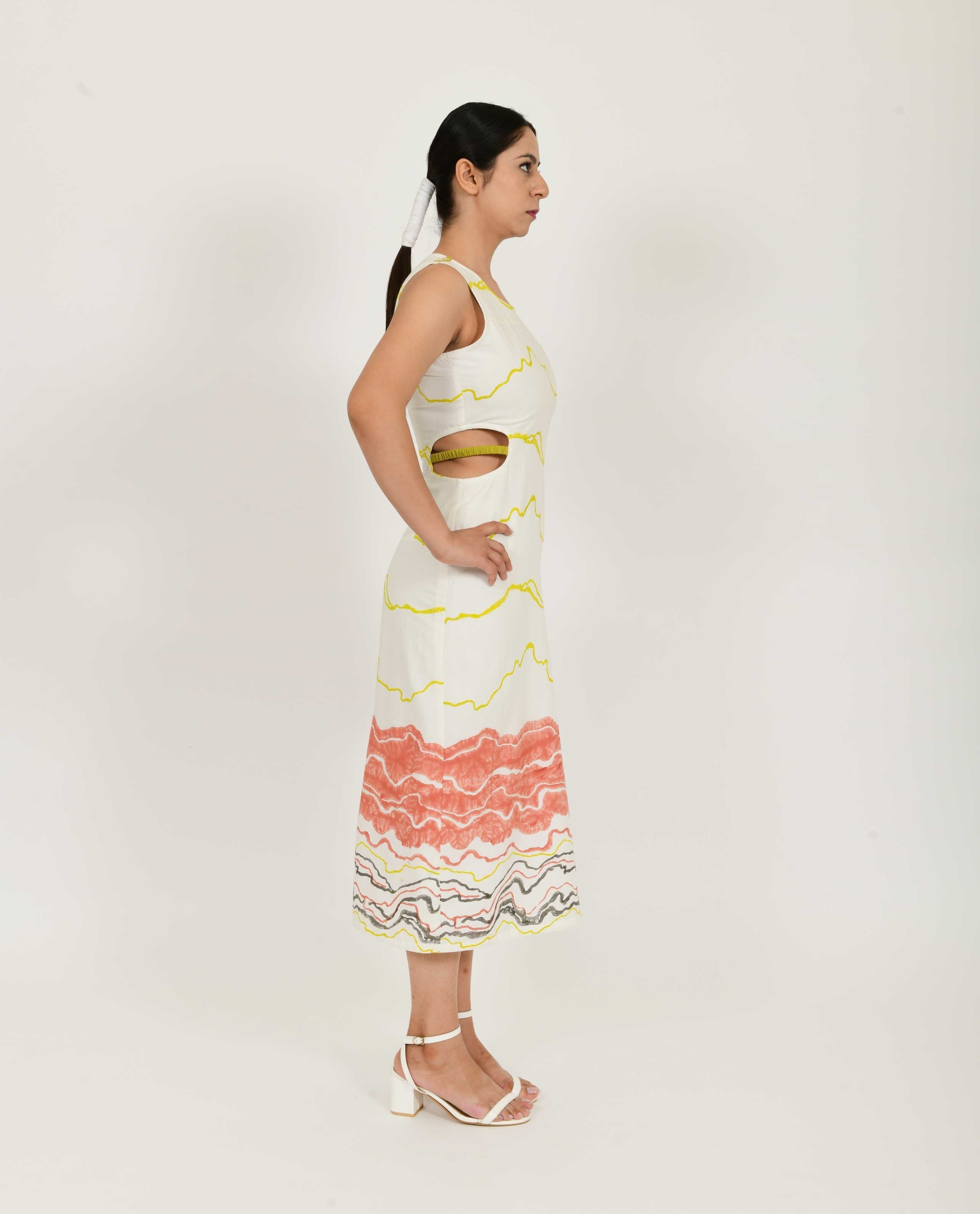 White Printed Side Cut Dress at Kamakhyaa by Rias Jaipur. This item is Azo Free Dye, Bamboo, Block Prints, Casual Wear, Cotton, Midi Dresses, Parat, Regular Fit, Sleeveless Dresses, White, Womenswear