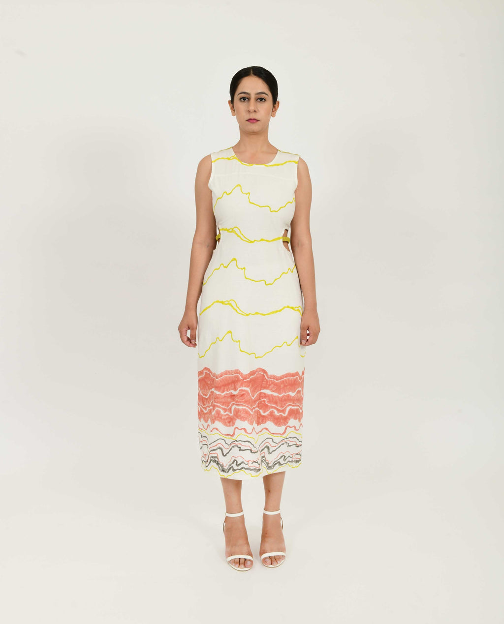 White Printed Side Cut Dress at Kamakhyaa by Rias Jaipur. This item is Azo Free Dye, Bamboo, Block Prints, Casual Wear, Cotton, Midi Dresses, Parat, Regular Fit, Sleeveless Dresses, White, Womenswear