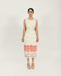 White Printed Side Cut Dress at Kamakhyaa by Rias Jaipur. This item is Azo Free Dye, Bamboo, Block Prints, Casual Wear, Cotton, Midi Dresses, Parat, Regular Fit, Sleeveless Dresses, White, Womenswear