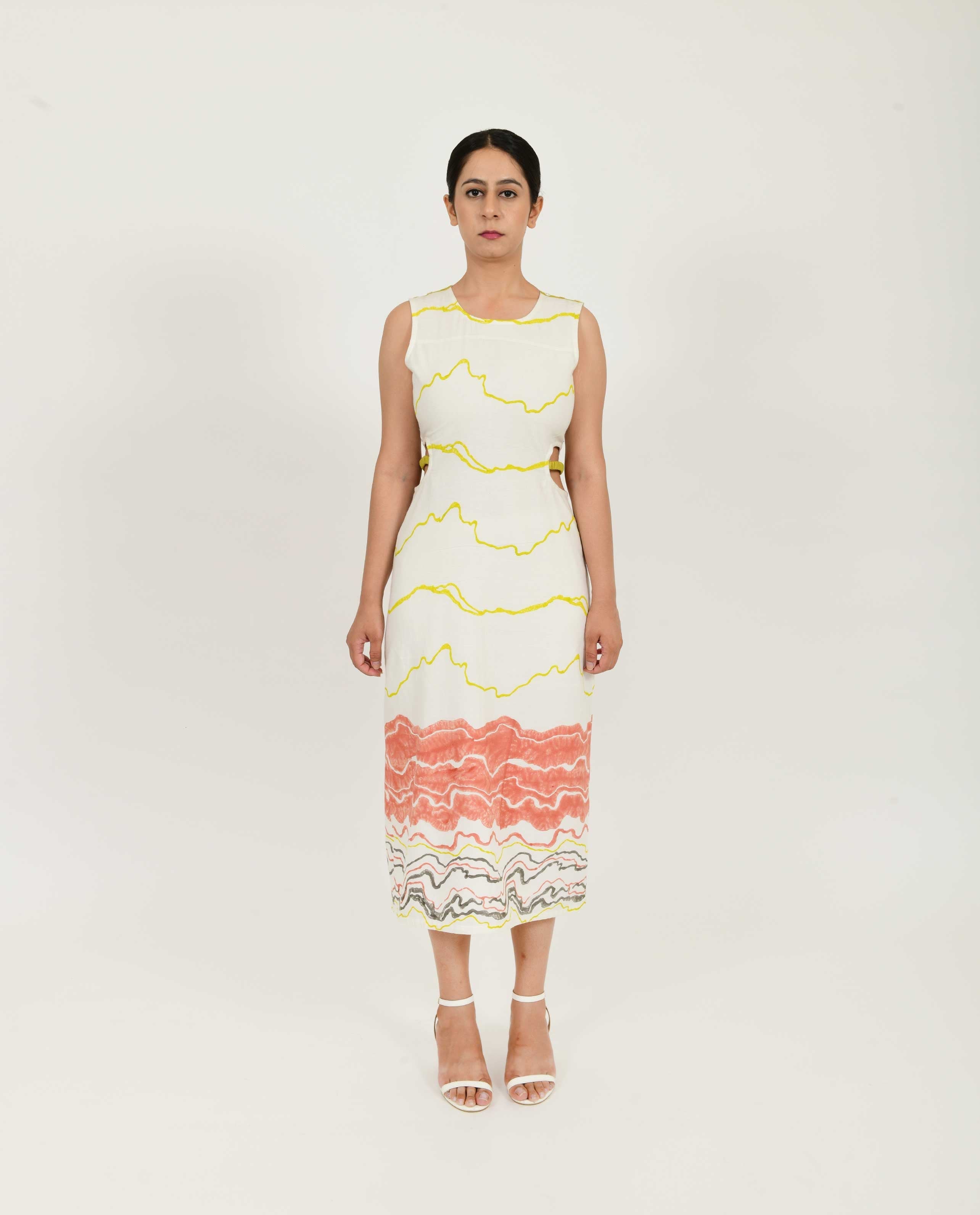 White Printed Side Cut Dress at Kamakhyaa by Rias Jaipur. This item is Azo Free Dye, Bamboo, Block Prints, Casual Wear, Cotton, Midi Dresses, Parat, Regular Fit, Sleeveless Dresses, White, Womenswear