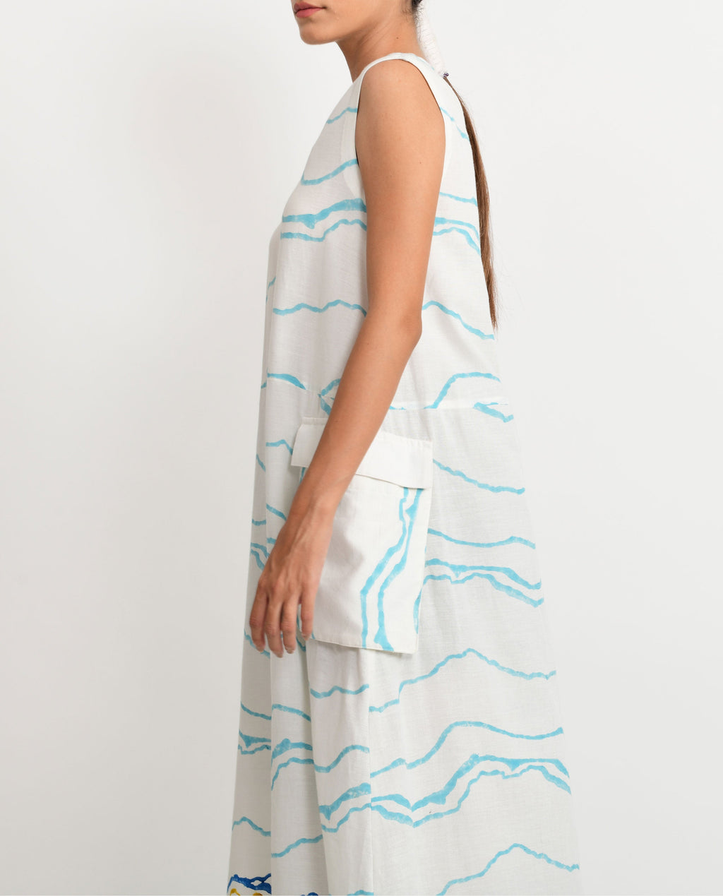 White Printed Sleeveless Dress at Kamakhyaa by Rias Jaipur. This item is Azo Free Dye, Bamboo, Block Prints, Casual Wear, Cotton, Maxi Dresses, Parat, Regular Fit, Sleeveless Dresses, White, Womenswear