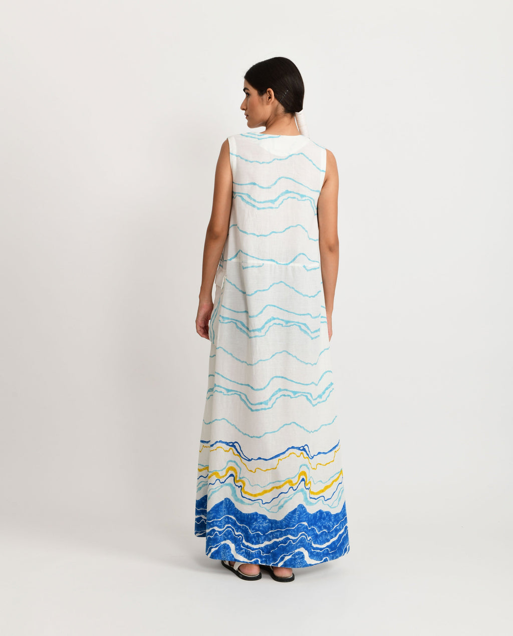 White Printed Sleeveless Dress at Kamakhyaa by Rias Jaipur. This item is Azo Free Dye, Bamboo, Block Prints, Casual Wear, Cotton, Maxi Dresses, Parat, Regular Fit, Sleeveless Dresses, White, Womenswear